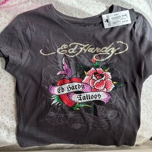 Rhinestone Ed Hardy Tattoo Graphic Tee - Dark Gray